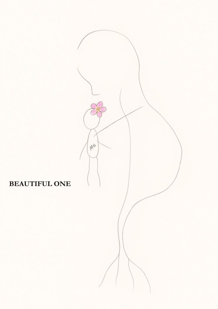 A minimalist illustration of a mother figure lovingly holding a child, adorned with a flower, symbolizing beauty and connection.
