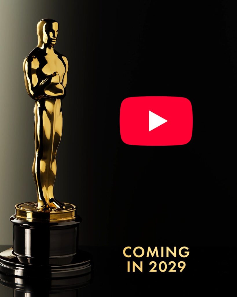 A shiny golden Oscar statue on a black background with a YouTube logo and the text "COMING IN 2029" below.