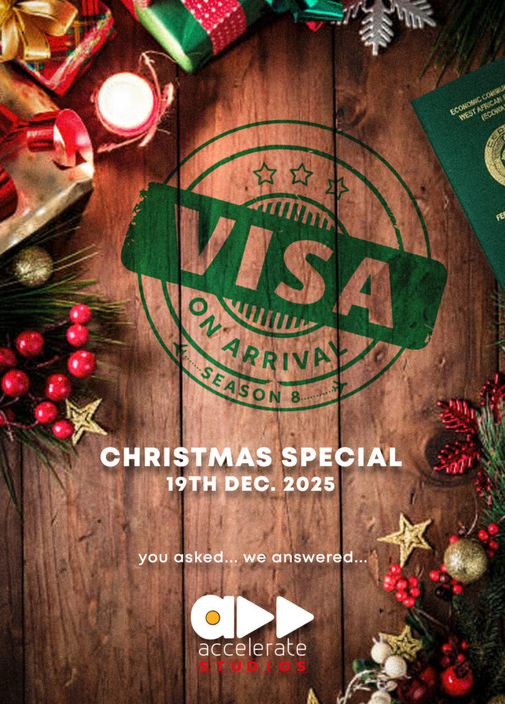 A festive graphic featuring a "Visa on Arrival" stamp with details about a Christmas special episode scheduled for December 19th, 2025, surrounded by holiday decorations.