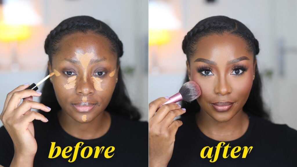 Side-by-side comparison of a woman applying makeup on the left and looking polished and radiant on the right.
